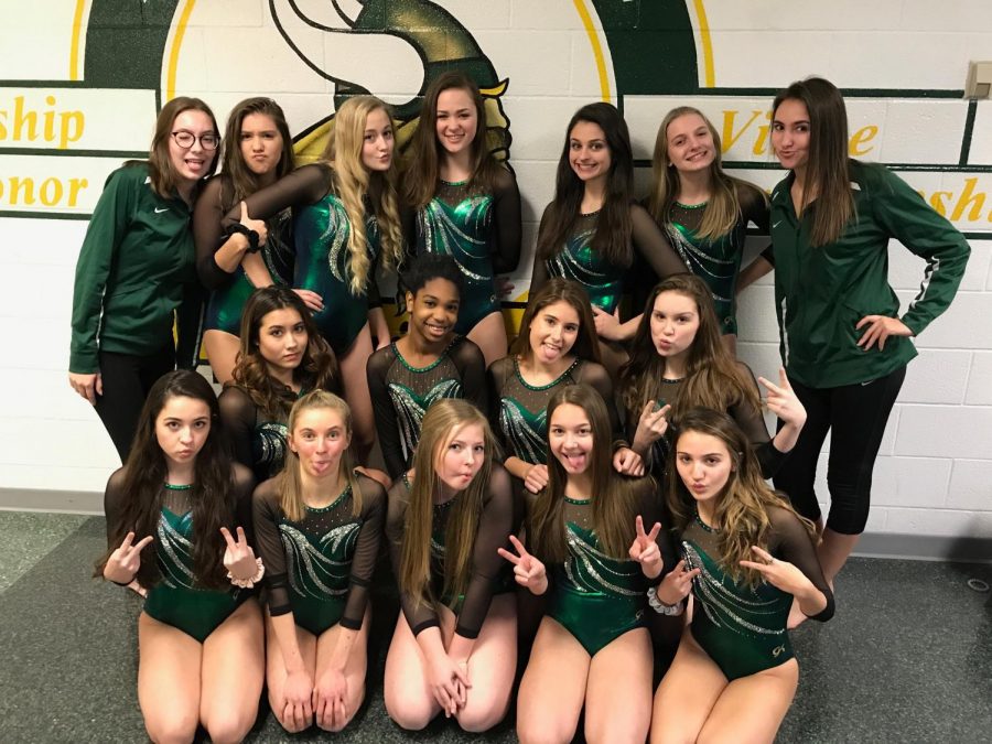 In+their+green+leotards%2C+the+gymnastics+team+takes+a+quick+team+picture+before+their+meet.+