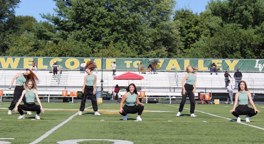 The dance team performing at the varsity football game. From left: Devin Chambers, Gwyneth Heefner, Brooke Walther, Lauren Mock, Lindsay Semiao, Kaitlyn Crowley.