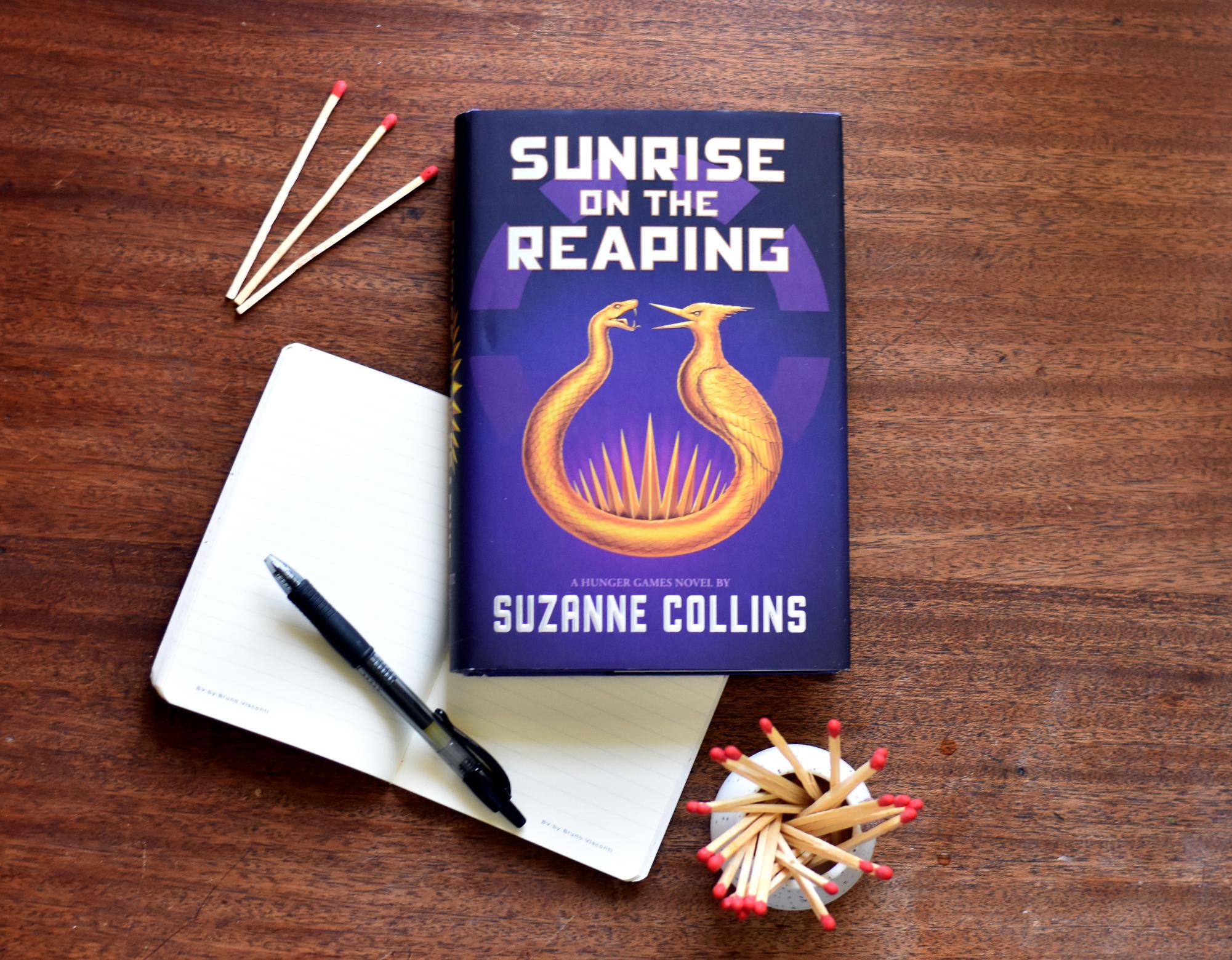 'Sunrise on the Reaping' by Suzanne Collins surrounded by matches, a recurring symbol of the novel