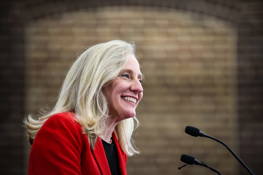 Democratic governor-elect Abigail Spanberger speaks at an Alexandria, VA rally, April 10