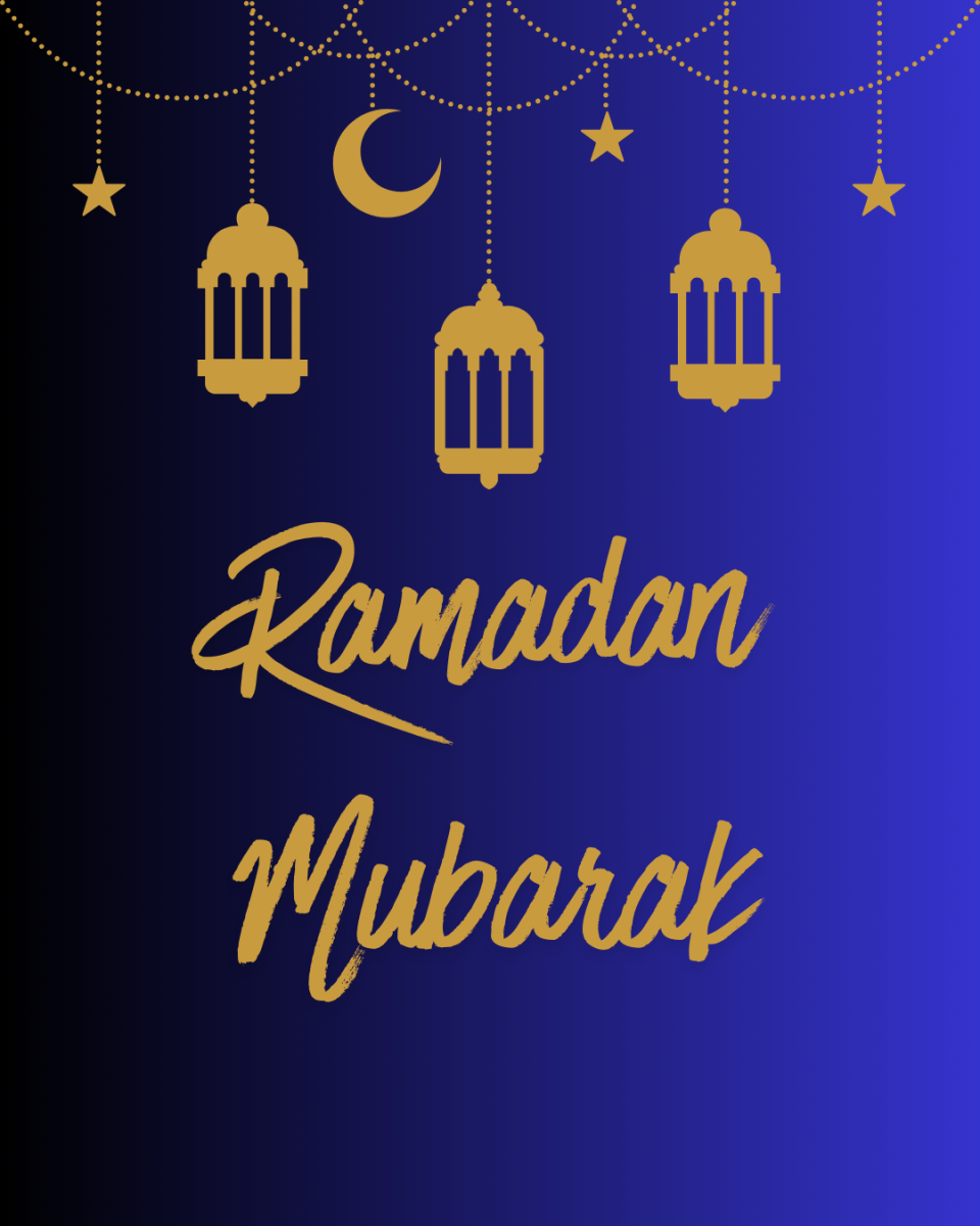 made using canva, picture of lanterns and moons with text saying Ramadan Mubarak [Happy Ramadan]